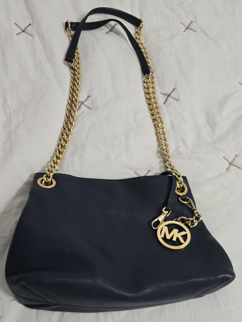 Michael Kors Navy Leather Shoulder Bag with Gold Hardware and MK Charm